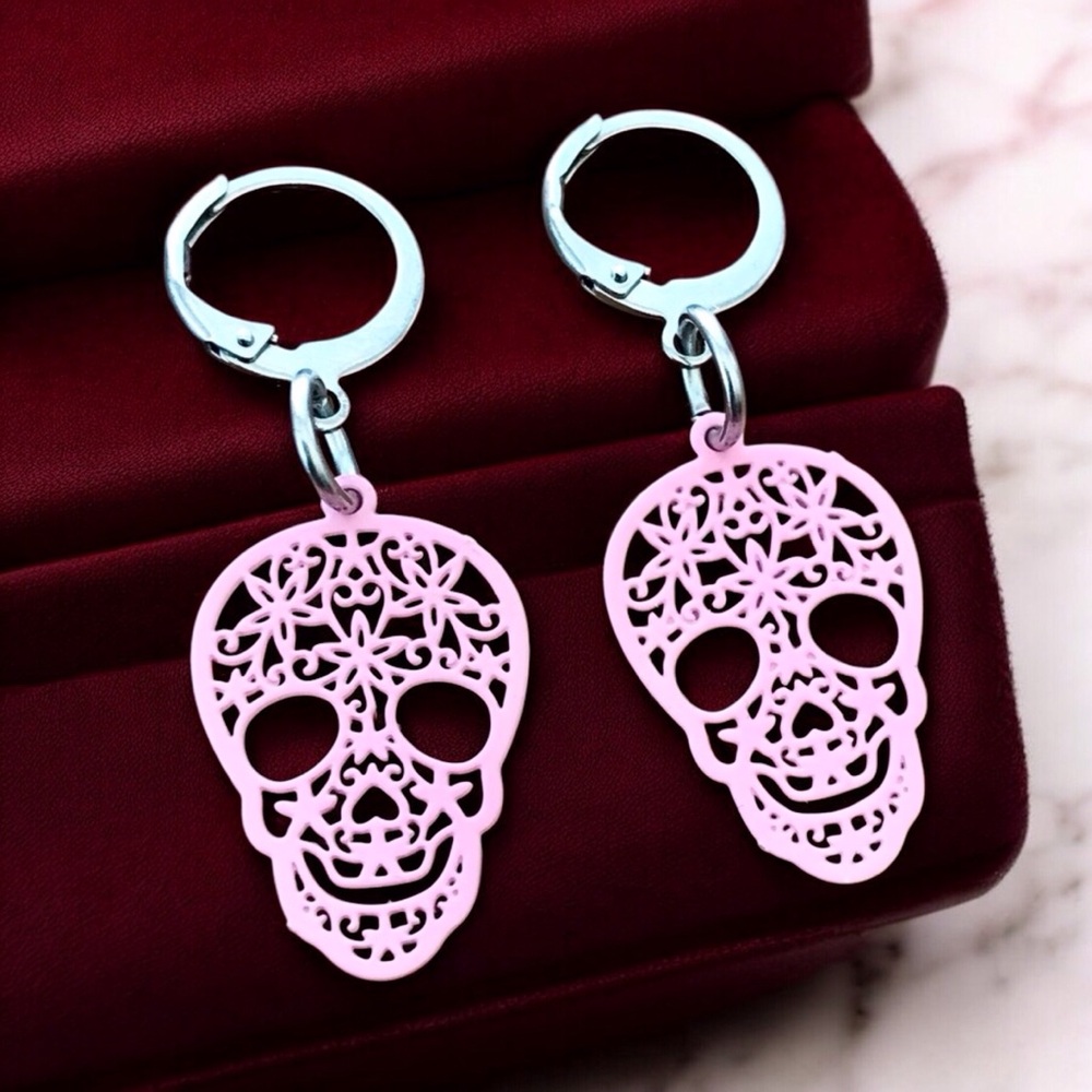 🆕 Sugar Skull Painted Thin Filigree Earrings Stainless Steel